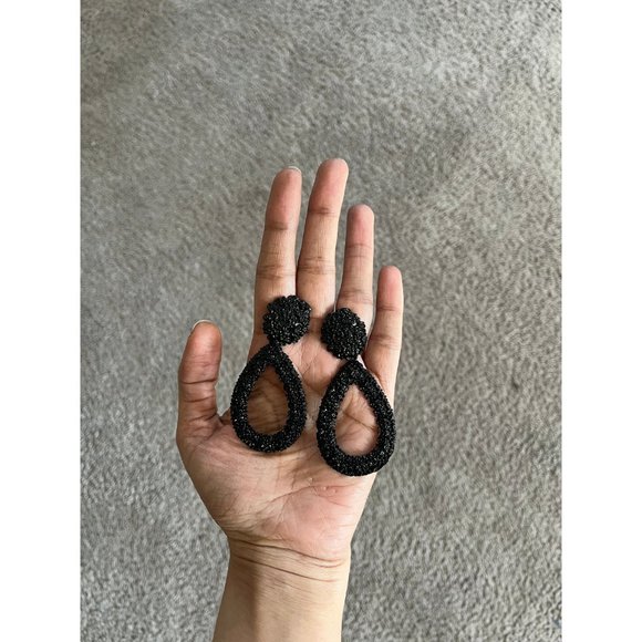 Big Black Earring teardrop metal statement bold chunky Pierced Pageant textured - Picture 7 of 8